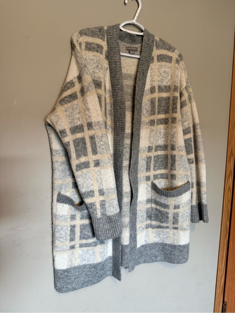Falls Creek Gray and Cream Plaid Open-Front Cardigan